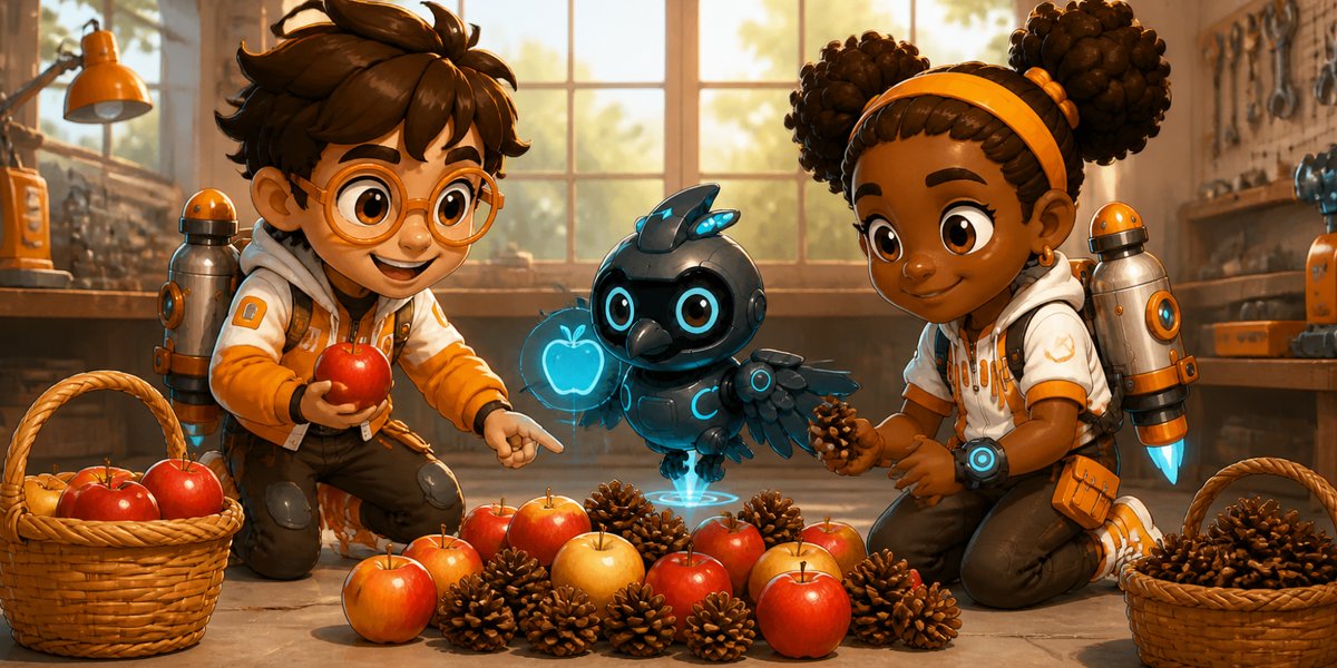 Rocket and Raven sort apples and pinecones into baskets in their workshop while Nova, their robot bird helper, shows an apple picture on a glowing screen.